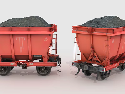 Red Freight Cars Loaded With Coal Showing Side View And Wheels 3d model