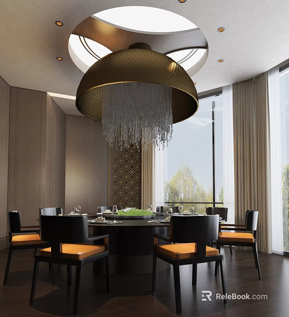 Luxurious Private Dining Room With Round Table Black Chairs Orange Cushions And Crystal Chandelier 3d model 