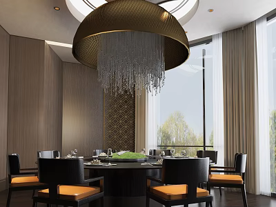Luxurious Private Dining Room With Round Table Black Chairs Orange Cushions And Crystal Chandelier 3d model