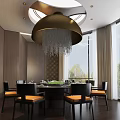 Luxurious Private Dining Room With Round Table Black Chairs Orange Cushions And Crystal Chandelier