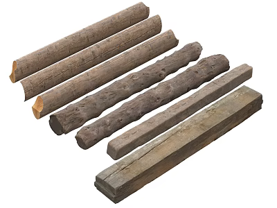 Various Types of Natural Wood Logs and Stone Slabs for Building Materials 3d model