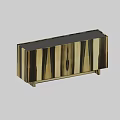 Modern TV Stand With Striped Wooden Panels Light And Dark Wood Tones Metallic Base
