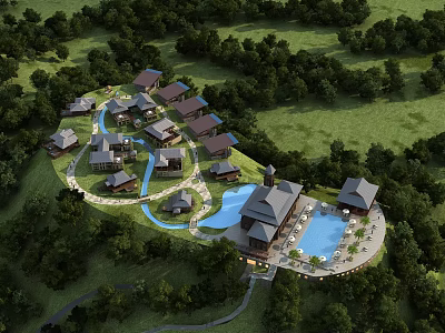 Aerial View Planning of Resort Community With Lush Trees Swimming Pool Water Channels and Green Landscape 3d model