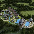Aerial View Planning of Resort Community With Lush Trees Swimming Pool Water Channels and Green Landscape
