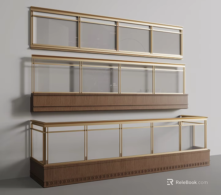 Three Tiered Fence Design with Gold Frame Glass Panels and Wooden Base Display Cases 3d model 