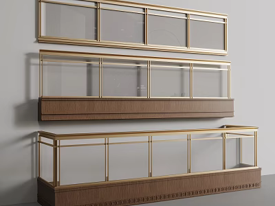 Three Tiered Fence Design with Gold Frame Glass Panels and Wooden Base Display Cases 3d model