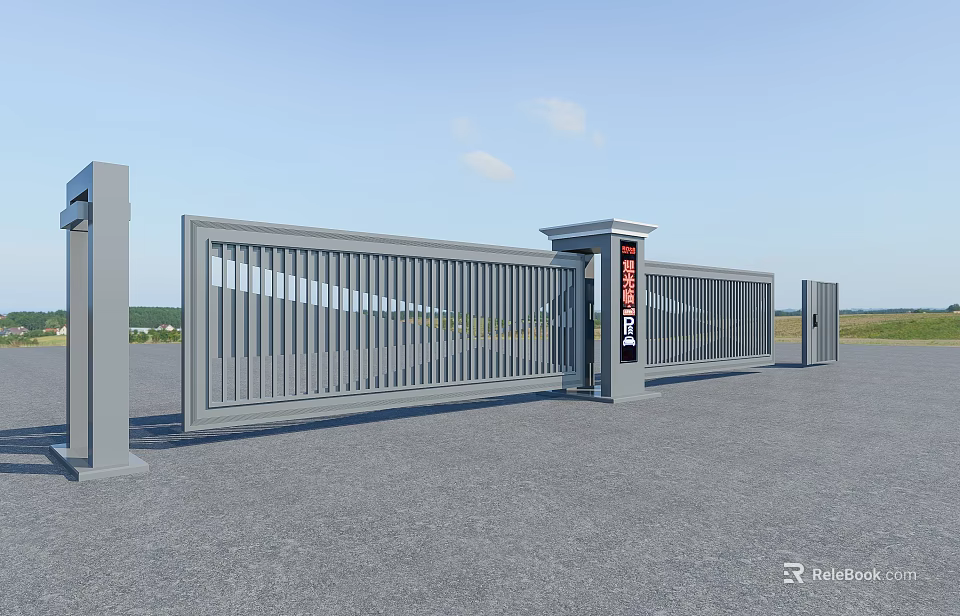 Modern Electric Sliding Gate With Metal Pillars And Signage In Open Space 3d model 