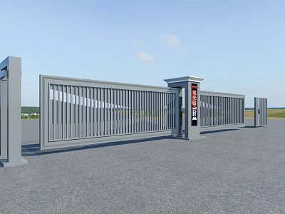 Modern Electric Sliding Gate With Metal Pillars And Signage In Open Space 3d model