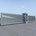 Modern Electric Sliding Gate With Metal Pillars And Signage In Open Space