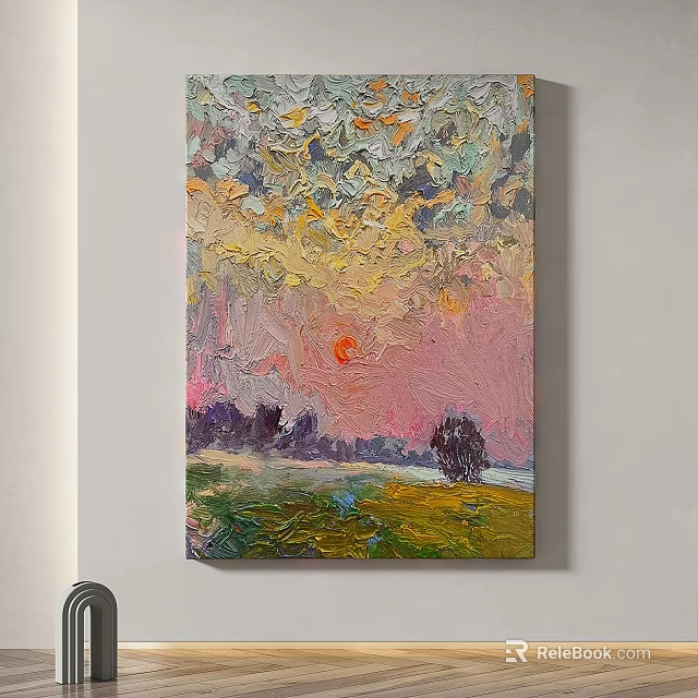 Abstract Painting With Vibrant Colors Textured Brushstrokes Sunset Meadow And Trees 3d model 
