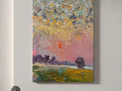 Abstract Painting With Vibrant Colors Textured Brushstrokes Sunset Meadow And Trees 3d model