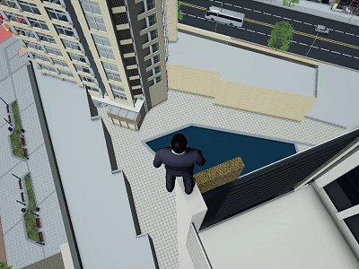 Office Building Roof With Swimming Pool And Businessman Overlooking Tall Buildings 3d model