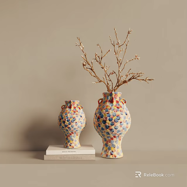 Two Colorful Polka Dot Ceramic Vases With Dried Branches On Books Against Beige Wall 3d model 