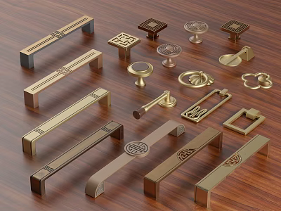 Stylish Metal Cabinet And Drawer Handles With Diverse Designs On Wooden Surface 3d model