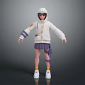 Game and Movie Character in White Hoodie with Purple Skirt Knee Pads and White Sneakers