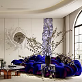 Elegant Modern Living Room Interior With Circular Ceiling Blue Sofa White Armchair And Arched Window