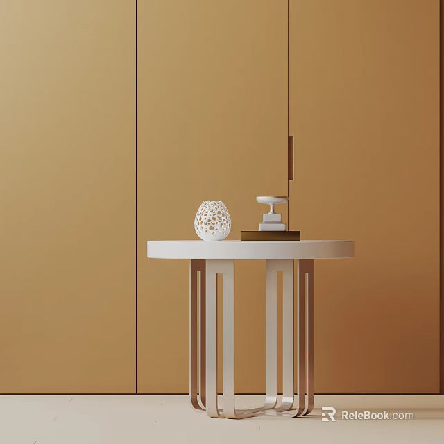 White Round Side Table With Vertical Legs And Decorative Ornament On Brown Wall Background 3d model 