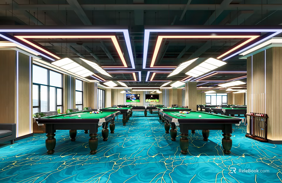 Modern Billiard Room With Multiple Tables Green Felt Surfaces Blue Patterned Carpet And Large Windows 3d model 