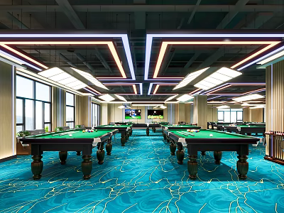 Modern Billiard Room With Multiple Tables Green Felt Surfaces Blue Patterned Carpet And Large Windows 3d model