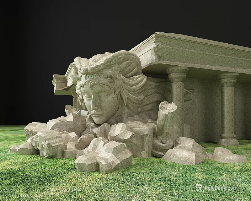 Cartoon Scene Featuring Broken Stone Statue Head With Surrounding Rocks Collapsed Pillars And Green Grass 3d model 
