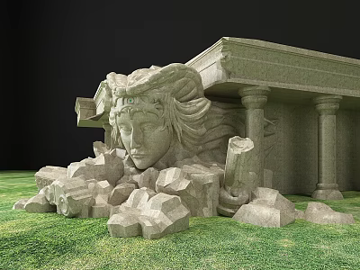 Cartoon Scene Featuring Broken Stone Statue Head With Surrounding Rocks Collapsed Pillars And Green Grass 3d model