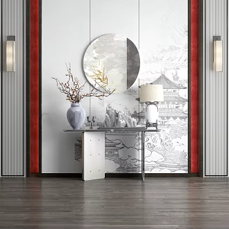 New Chinese-style End View Table Entrance Cabinet Decoration Background Wall 3d model