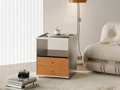 Modern Bedside Table With Glass Top Wooden Drawer And Floor Lamp Near Sofa 3d model