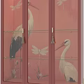 Stylish Pink Decorative Cabinet With Glass Doors Crane Patterns And Gold Legs