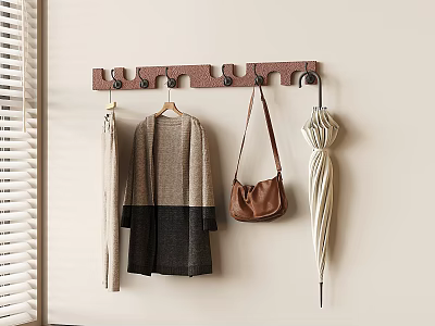 Wall Mounted Wooden Hook With Multiple Hooks Hanging Coats Bag And Umbrella 3d model