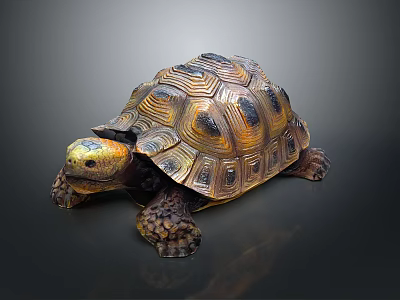 Lifelike Crawling Tortoise With Patterned Brown Yellow Textured Shell 3d model