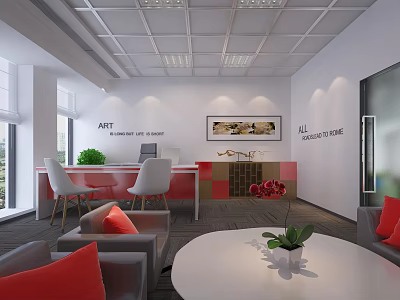 Modern Office Interior With Reception Desk Sofa Chairs Decorative Painting And Plants 3d model