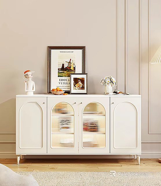 White Sideboard With Glass Doors Decorative Figurine Fruits Framed Pictures And Vase In Living Room 3d model 