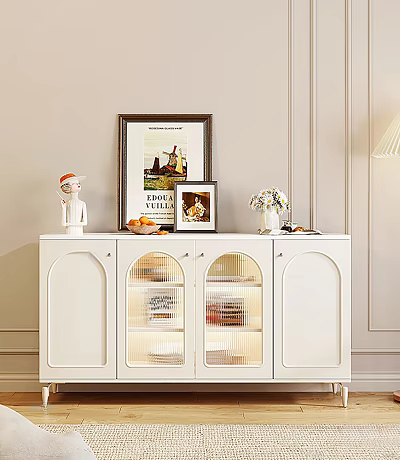 White Sideboard With Glass Doors Decorative Figurine Fruits Framed Pictures And Vase In Living Room 3d model