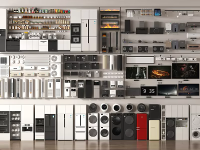 Household Appliances in Organized Wall Display with Various Kitchen Audio and Home Devices 3d model