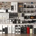 Household Appliances in Organized Wall Display with Various Kitchen Audio and Home Devices