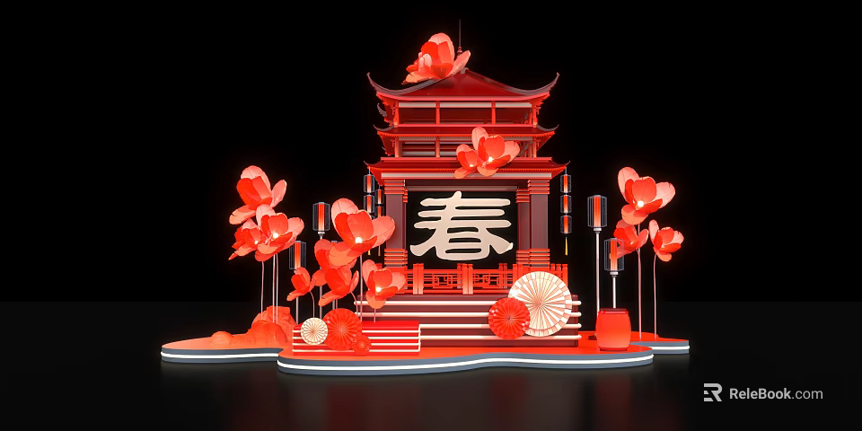 Red Chinese Pavilion With Spring Character And Red Flower Decorations 3d model