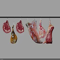 Fresh Raw Meat Cuts Hanging On Black Metal Rack Against Light Wall
