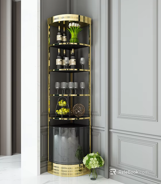 Modern Elegant Wine Cabinet Interior With Glass Shelves Wine Bottles Glasses Green Vase And Fruits 3d model 