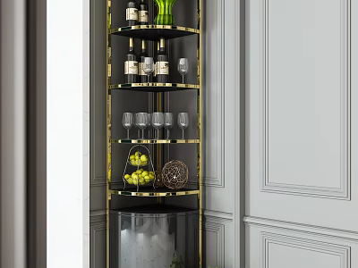 Modern Elegant Wine Cabinet Interior With Glass Shelves Wine Bottles Glasses Green Vase And Fruits 3d model