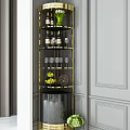 Modern Elegant Wine Cabinet Interior With Glass Shelves Wine Bottles Glasses Green Vase And Fruits