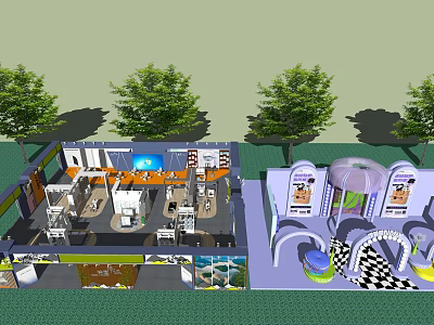 Modern Exhibition Booth Design With Trees And Colorful Structures Layout 3d model