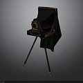 Vintage Electronic Camera On Wooden Tripod Featuring Black Cloth And Brass Parts Design