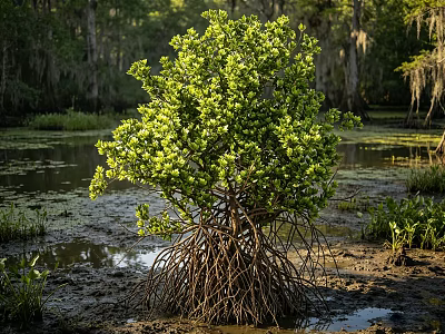 Mangrove Shrub With Lush Green Leaves And Extensive Root System In Muddy Water Area 3d model