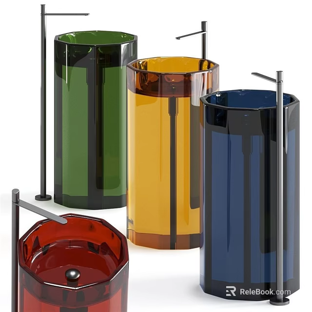 Modern Colorful Washbasin Designs With Transparent Glass Bodies And Metal Stands 3d model 