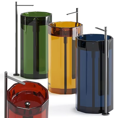Modern Colorful Washbasin Designs With Transparent Glass Bodies And Metal Stands 3d model