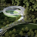 Scenic Kids Play Area Surrounded By Green Trees And Water With Colorful Circular Structures
