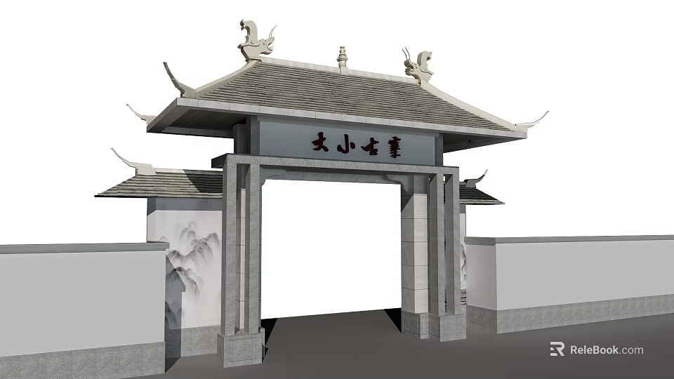 Traditional Chinese Entrance Gate With Pagoda Style Roof Decorative Sculptures And Carved Plaque 3d model 
