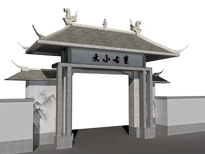 Traditional Chinese Entrance Gate With Pagoda Style Roof Decorative Sculptures And Carved Plaque 3d model
