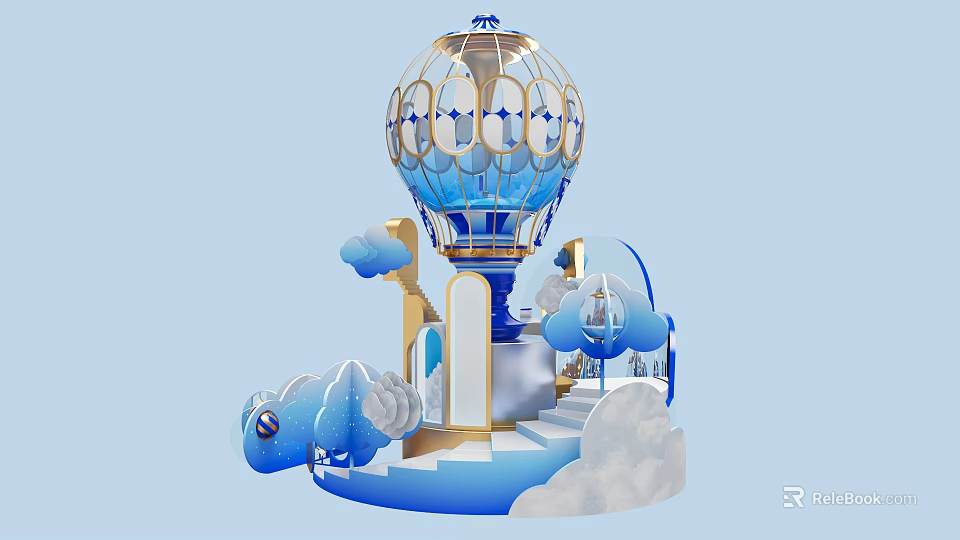 Blue And Gold Hot Air Balloon Shaped Art Installation With Clouds Steps And Decorative Elements 3d model 