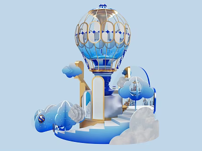 Blue And Gold Hot Air Balloon Shaped Art Installation With Clouds Steps And Decorative Elements 3d model